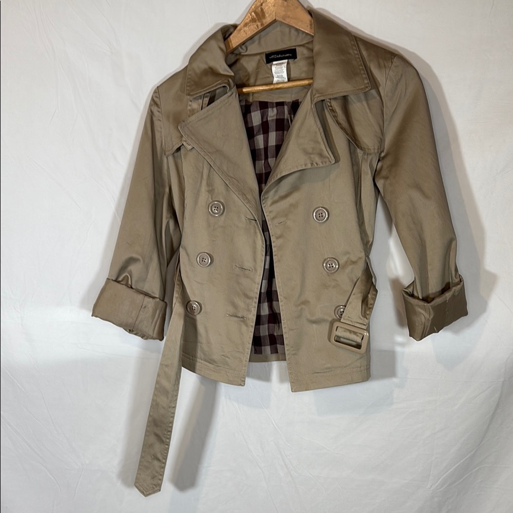 Women's Tan Double-Breasted belted Jacket size small with gingham lining
